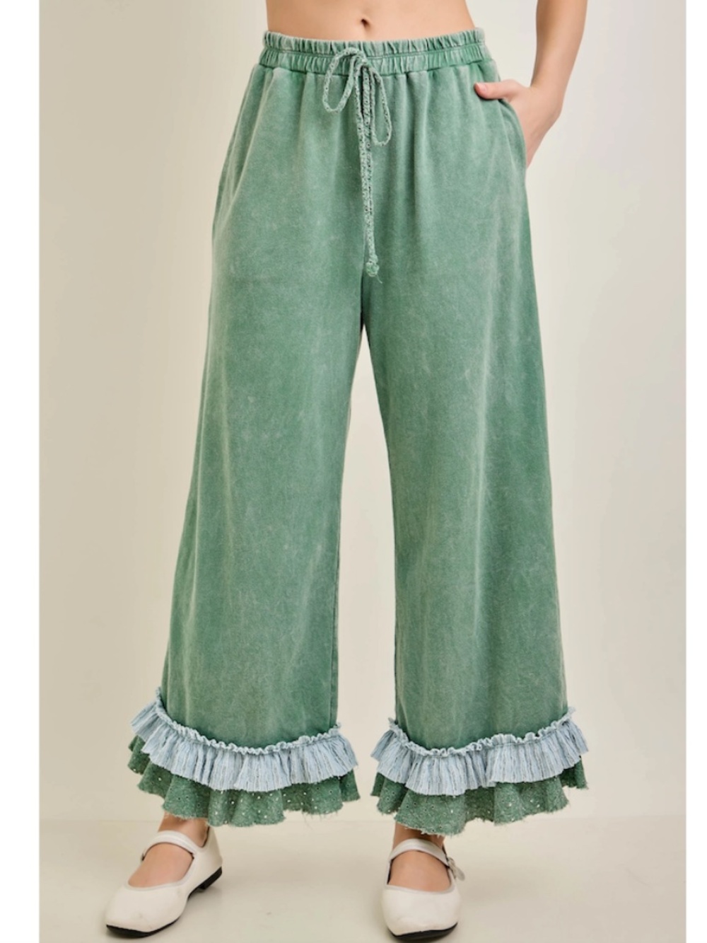 "The Verde" Green PANTS Mineral Washed Ruffle Hem Happy Pants
